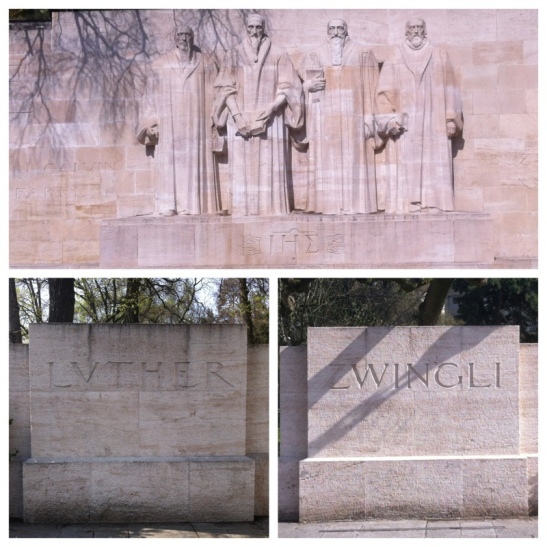 At the Mur des Réformateurs (Wall of the Reformation), William Farell, John Calvin, Theodore Beze, and John Knox are pictured at the center of the wall (pictured in top panel above). Off to the left when facing the Wall of the Reformation, a carved stone with Luther’s name appears. Off to the right when facing the Wall of the Reformation, a carved stone with Zwingli’s name appears. From the perspective of the Reformed Church, both Luther and Zwingli are given credit for beginning the Reformation. However, the Reformed Church does not believe Luther or Zwingli, properly reformed the church, hence the need for Calvin, Beze, and others. This is why Luther and Zwingli are represented by stones but not carved into the wall. the Reformation Wall was constructed in 1909 for the 400th birthday of Calvin.