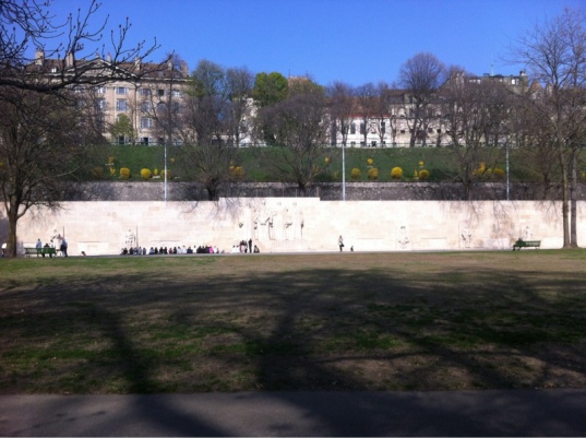 “The Wall is in the grounds of the University of Geneva, which was founded by John Calvin, and was built to commemorate the 400th anniversary of Calvin’s birth and the 350th anniversary of the university’s establishment. It is built into the old city walls of Geneva, and the monument’s location there is designed to represent the fortifications’, and therefore the city of Geneva’s, integral importance to the Reformation.” (From Wikipedia, http://bit.ly/Hnjk1r) The Reformation Wall is 100 meters long.